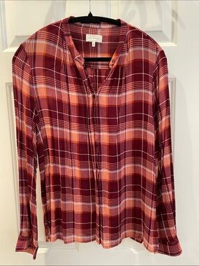 Lucky Brand Burgundy/Rust Peach Plaid Semi-Sheer Button-Up Blouse Size L